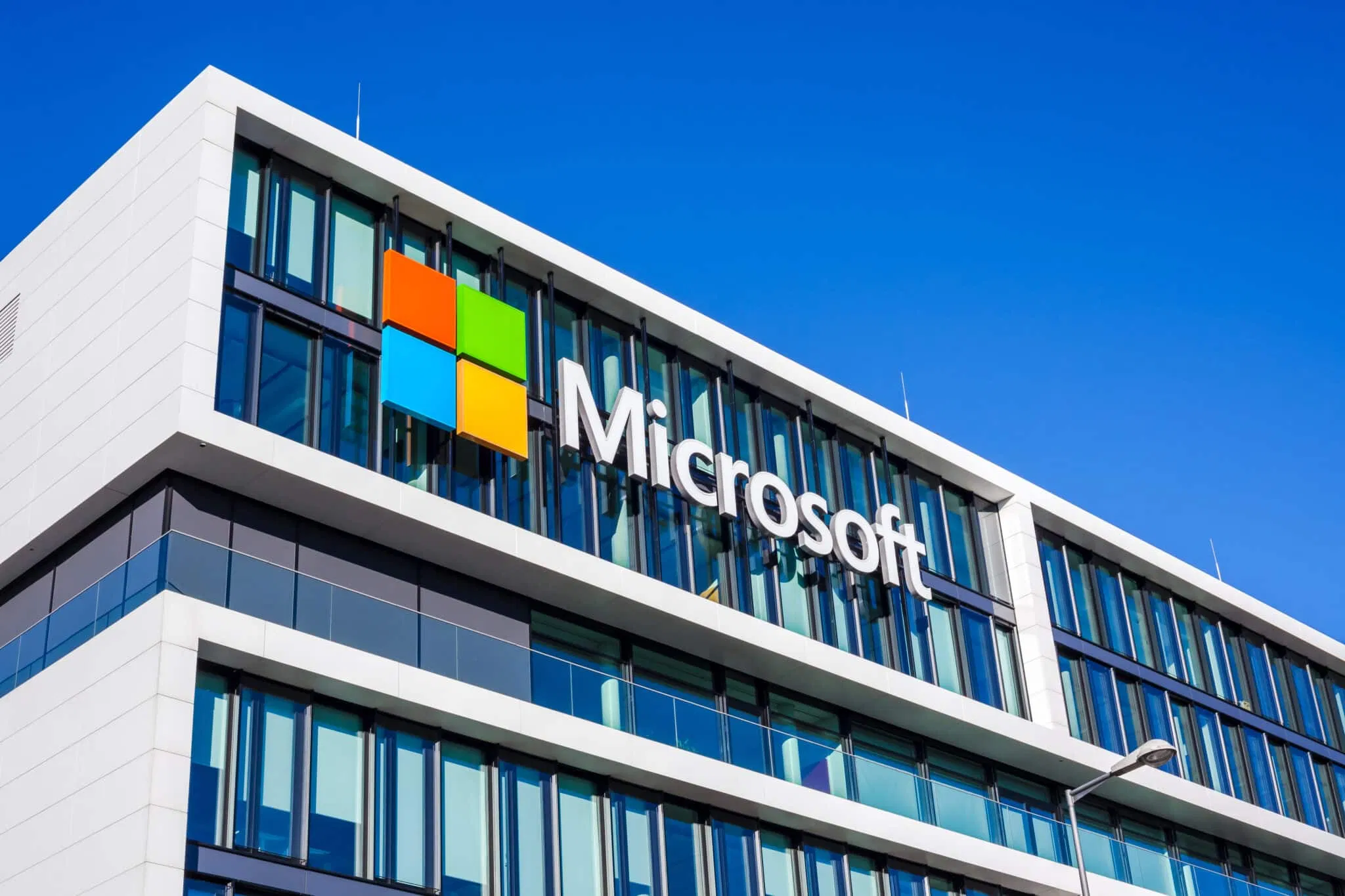 MUNICH, GERMANY - DECEMBER 26, 2018: Microsoft logo at the company office building located in Munich, Germany